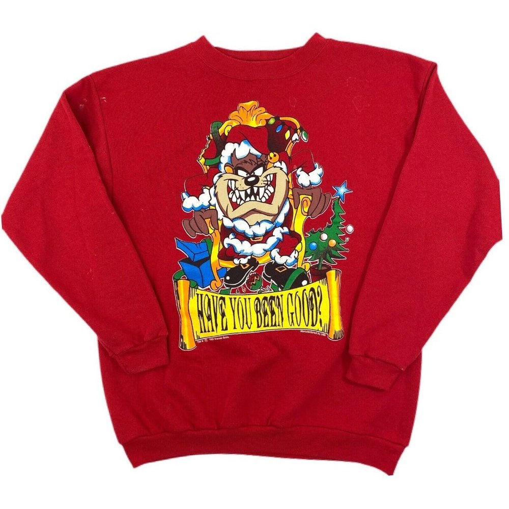 Vtg 1995 TAZ Looney Tunes Christmas Sweatshirt Crewneck Mens 90s Red Size Large